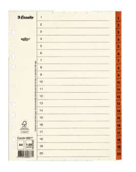 Hakemisto A4 kartonkia 1-20 värilliset muovikielekkeet