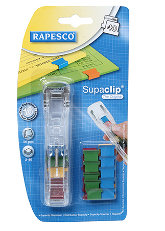 Paperiliitin Rapesco Supaclip laite+25 liitintä laj.värit
