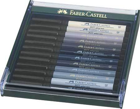Sivellinkynäsarja Faber-Castell 12xPitt India ink harmaa