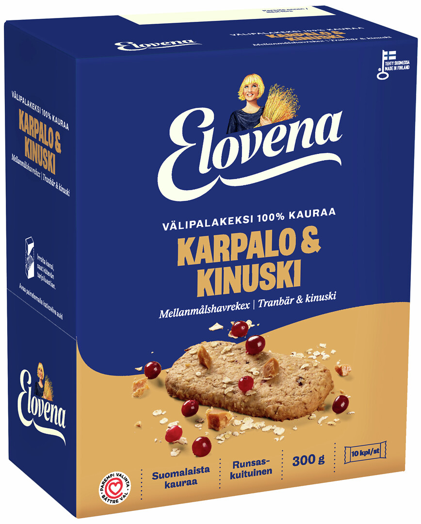 Elovena Karpalo ja Kinuski välipalakeksi