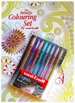 Värityspakkaus uni-ball 8 geelikynää + värityskirja