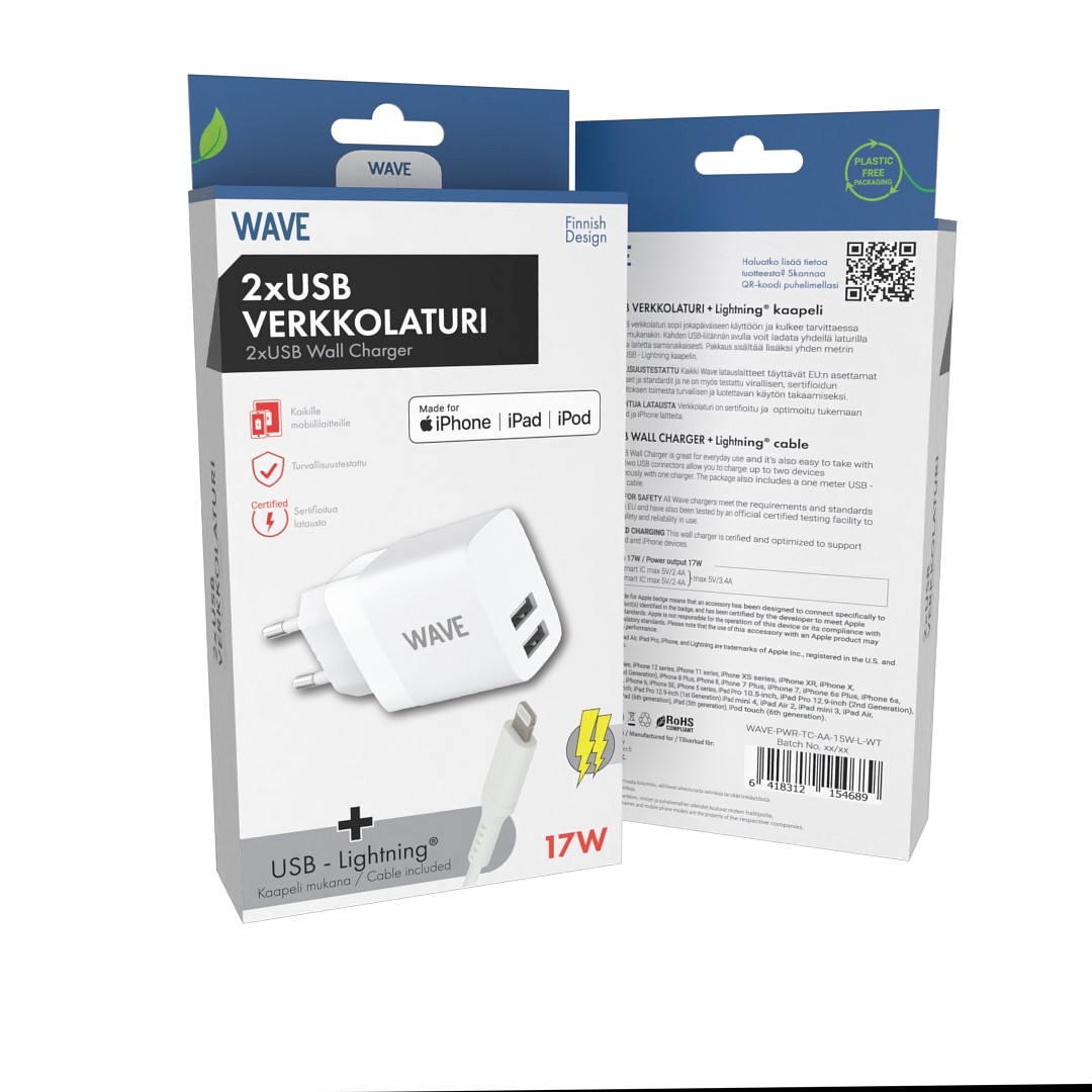 Wave verkkolaturi 17W 2xUSB-A+